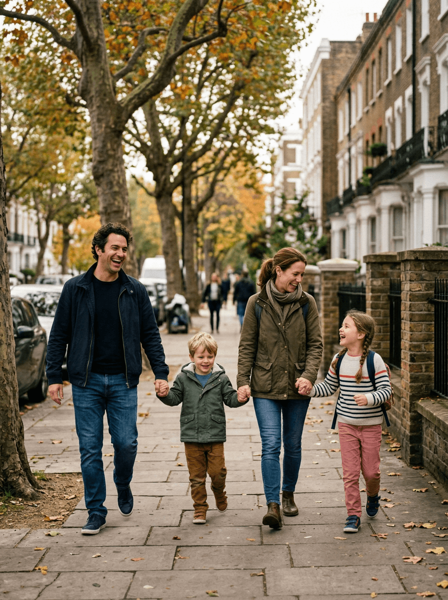 Parents and two children hold hands walking down a tree-lined Washington DC street in autumn — candid family photography by Nomad Studio.