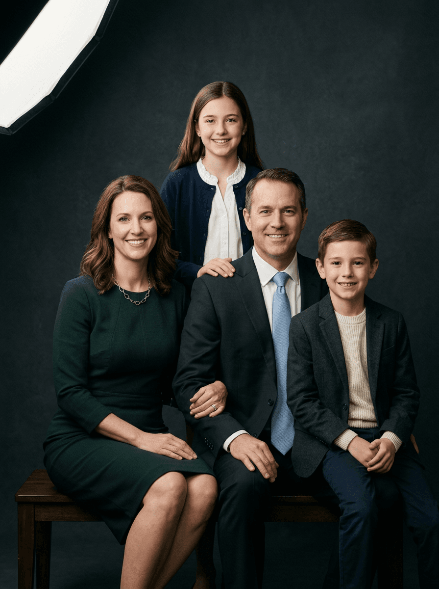 Formal studio portrait of a family of four against a dark backdrop — studio family photography by Nomad Studio.